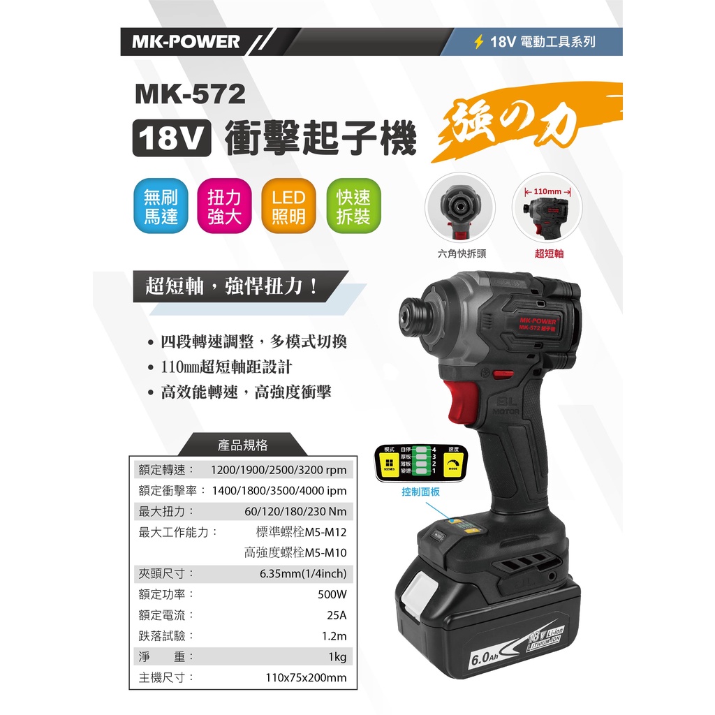 WIN五金 MK-POWER 18V MK-572 牧田共用 專業級衝擊起子機 18V起子機 螺絲批 起子頭 起子機