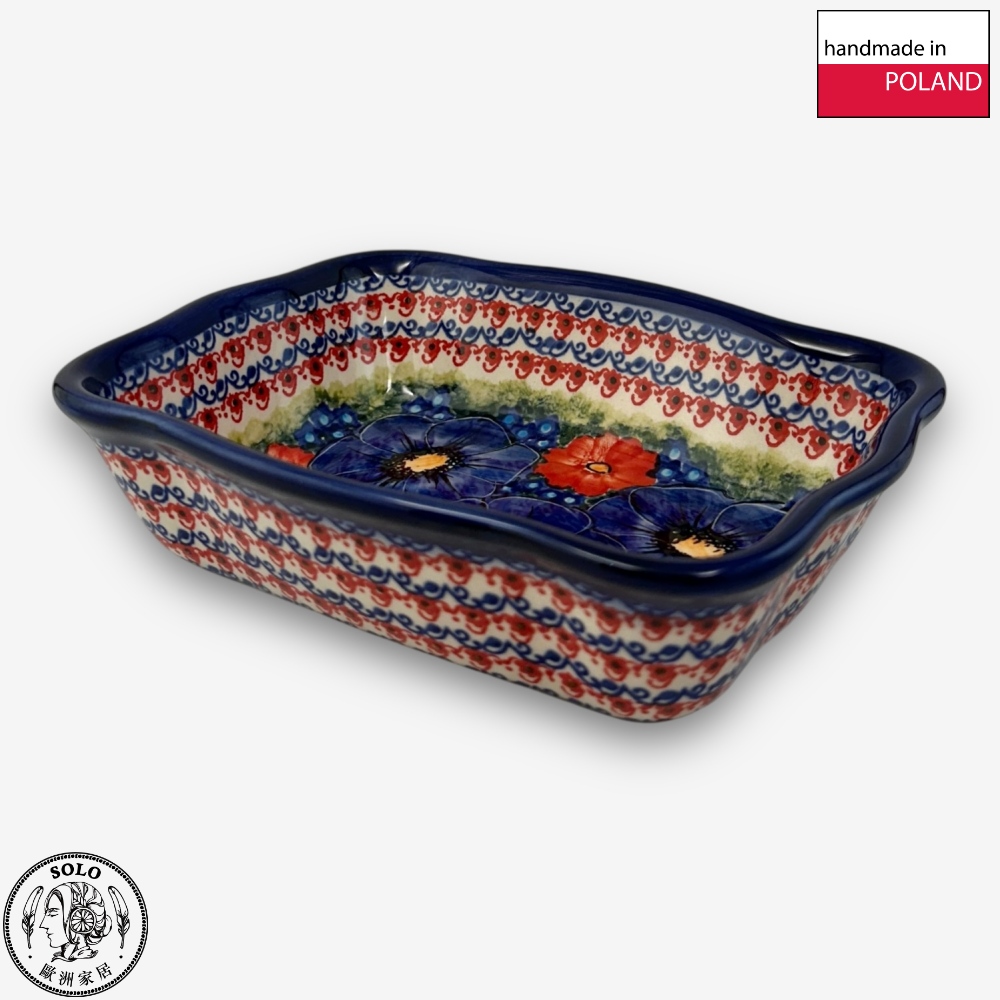 【SOLO Vintage】Cerraf Polish Pottery 18.5cm Baking Pan Dish Red and Blue Blossoming Elegance Series Made in Poland