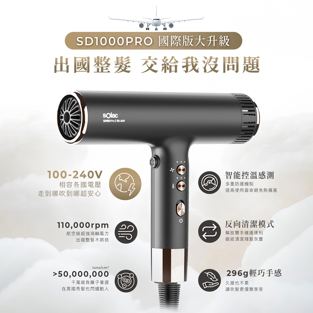 sOlac SD-1000 PRO International Voltage High-Speed ​​Negative Ion Hair Dryer (Black/Gold), , large