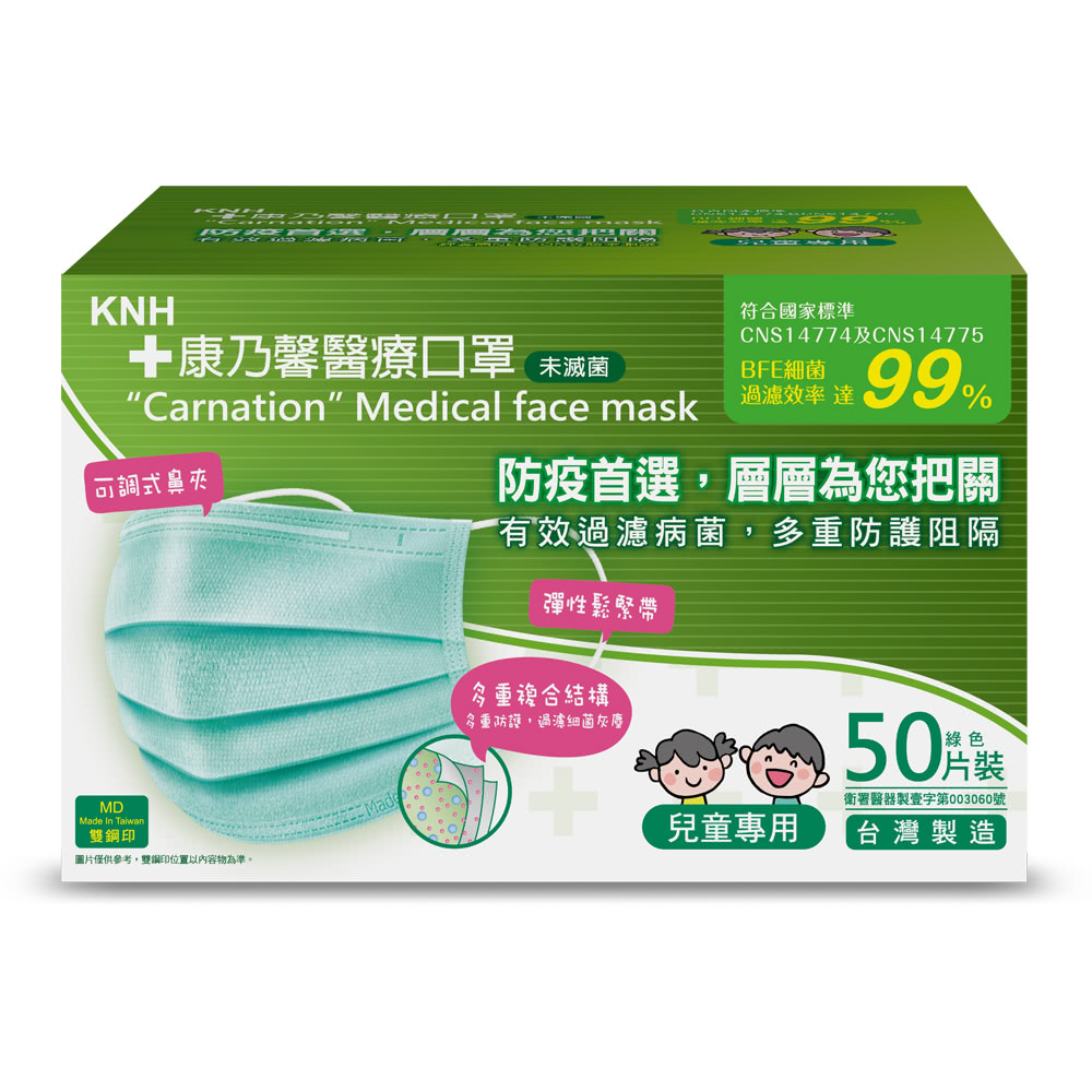 康乃馨兒童醫療口罩50片粉綠(未滅菌)盒
