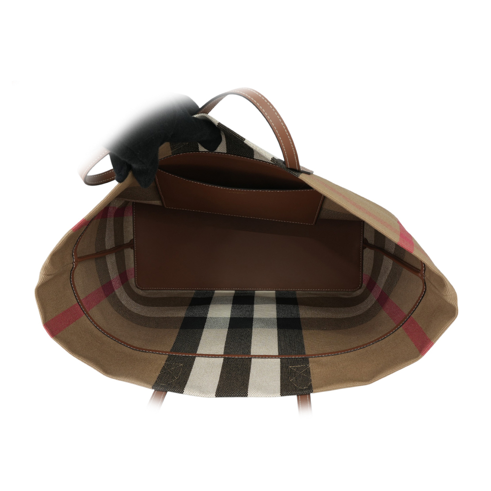 BURBERRY London 格紋棉質帆布及牛皮中型托特包/灰褐色/棕色, , large