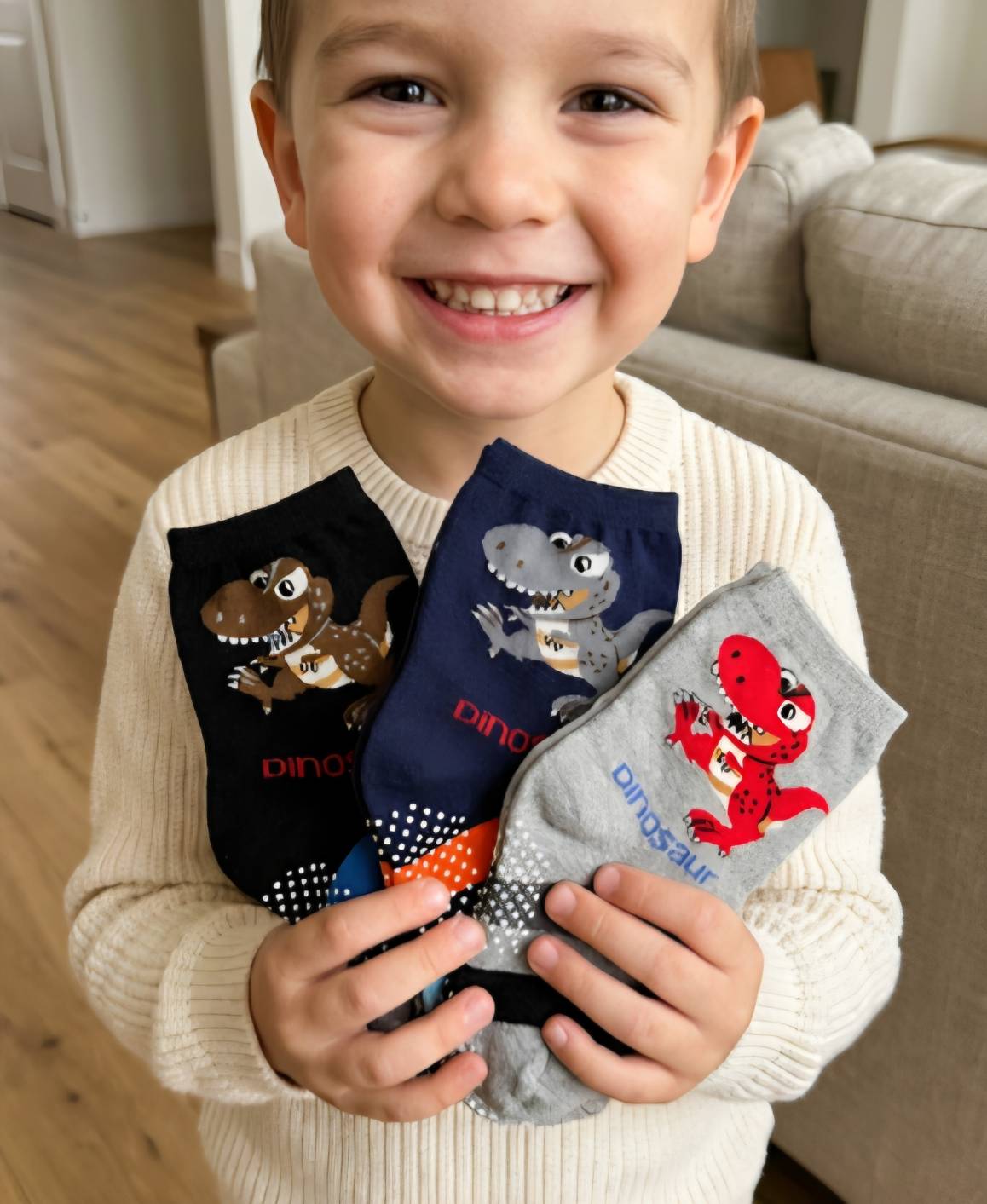 [Kaimei Cotton] 10 pairs of random excellent MIT Taiwan made pure cotton non-slip children's socks-Tyrannosaurus Rex attack children 14-17cm 4-7 years old