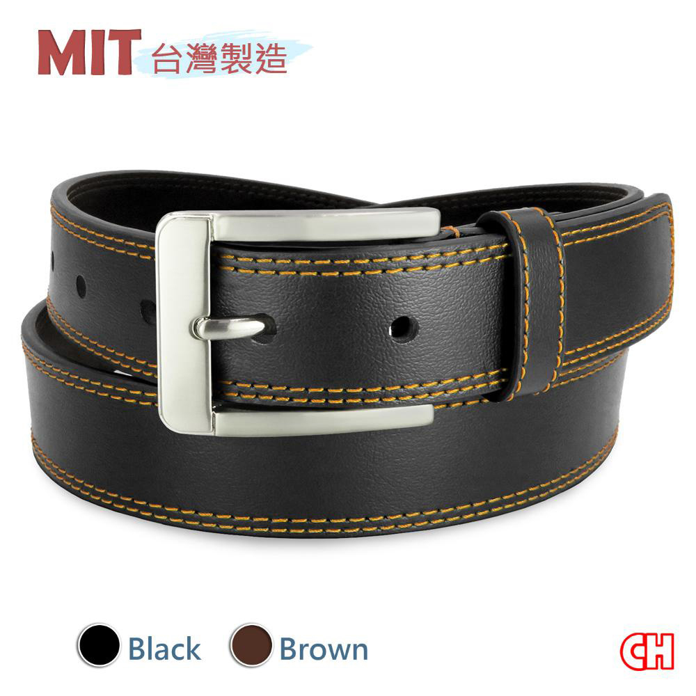 【CH-BELT 銓丞皮帶】男女中性休閒皮帶 雙車線設計皮帶腰帶(黑/咖), , large