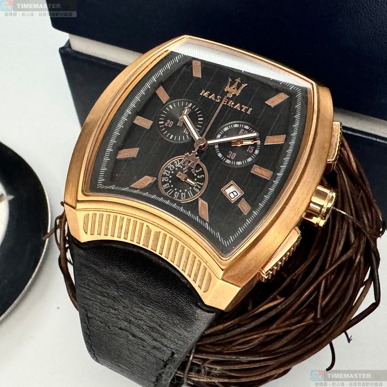 [星晴錶業]MASERATI手錶,42mm, 48mm,R8871605003黑色錶面玫瑰金錶殼深黑色真皮皮革錶帶款