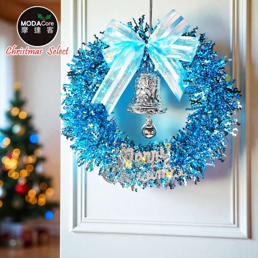 摩達客11吋夢幻土耳其藍系金蔥彎絲聖誕花圈_台灣工藝免組裝_本島免運費, , large