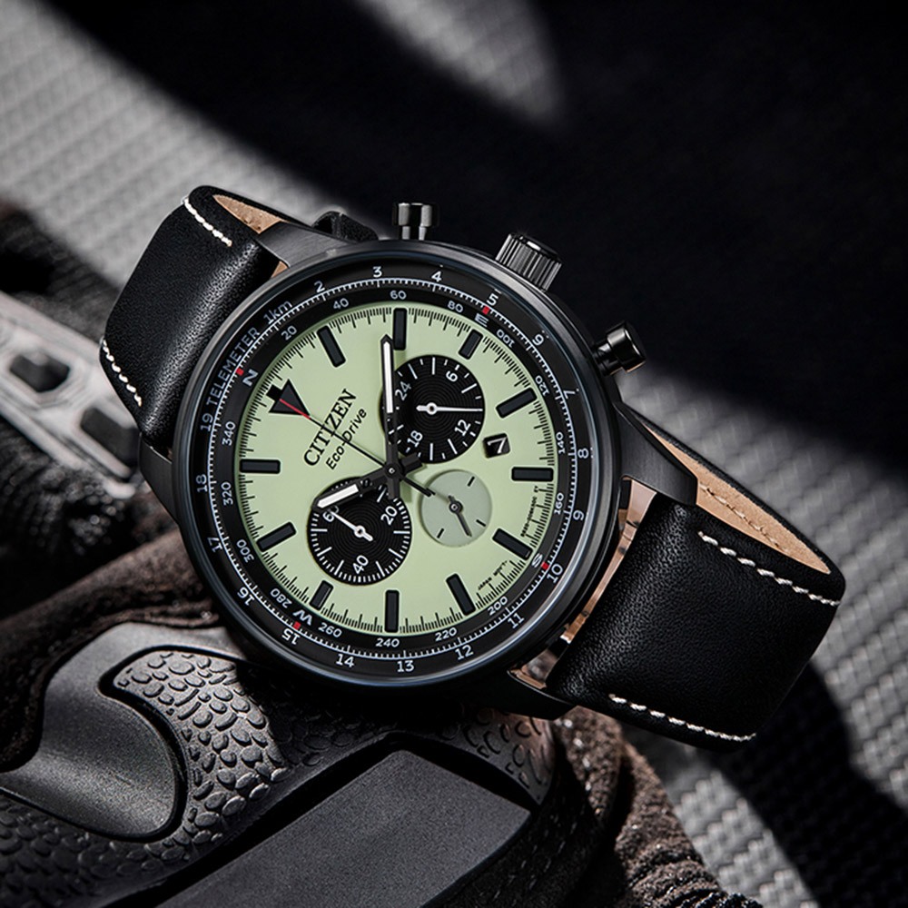 CITIZEN 星辰 綠幽靈夜光光動能三眼計時手錶-黑x藍 CA4505-21X, , large