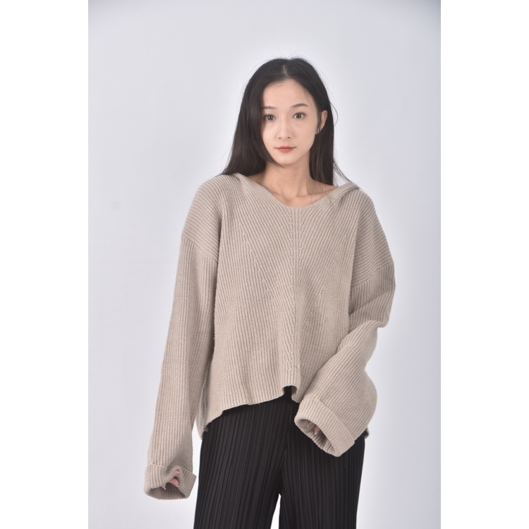 (F) 質感連帽杏色毛衣二手衣, , large