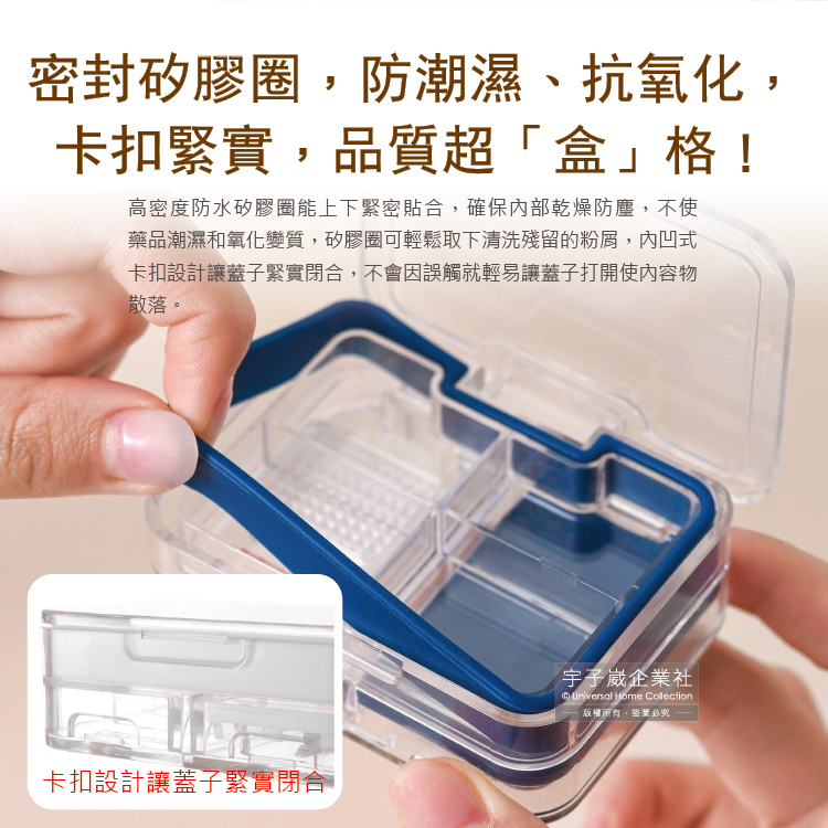 [日日好物]日本Imakara-旅行隨身防潮密封儲藥盒-透明色1入/盒_內附小毛刷1入(便攜型磨粉切藥器,4格分裝切藥密封盒,輕便迷你保健盒,個人藥品收納盒), , large