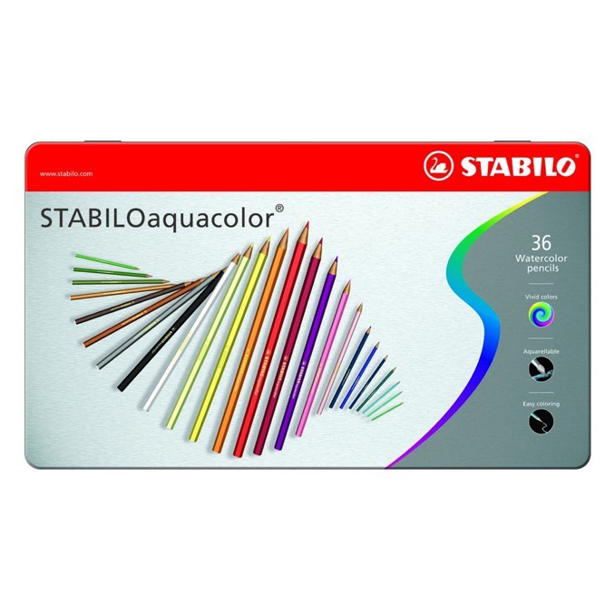 【德國天鵝STABILO】STABILOaquacolor 水彩樂水溶性色鉛筆 鐵盒12/24/36色鐵盒-36色(ST1636-5), , large