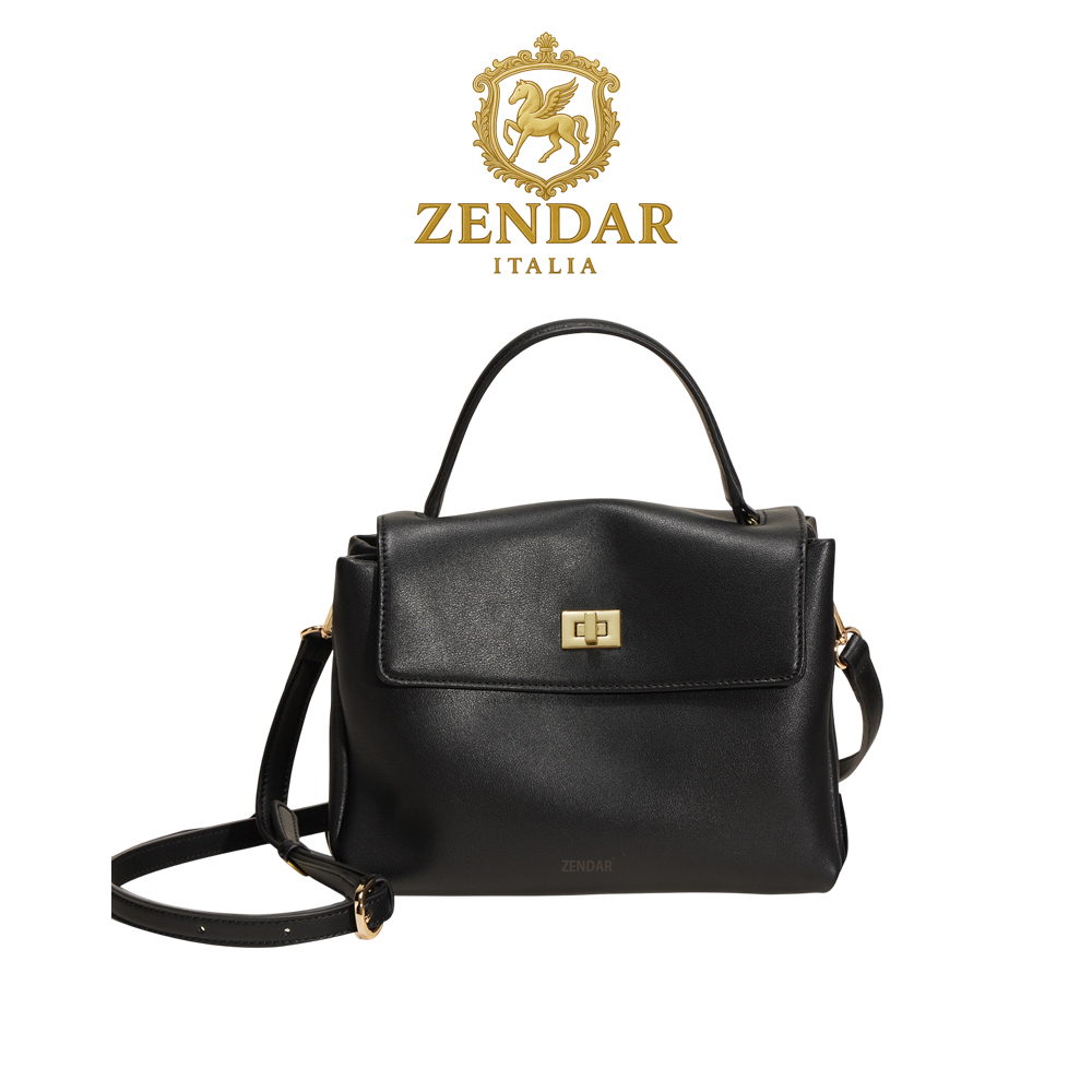 【ZENDAR】限量1折 頂級小牛皮肩背包手提包 喬伊系列 全新專櫃展示品(金剛黑), , large