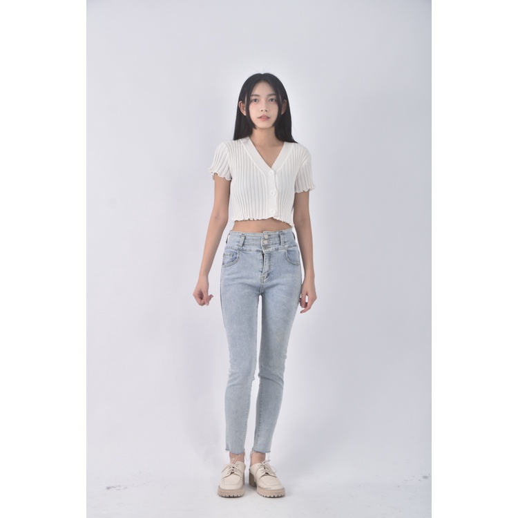 (M) 高腰丹寧牛仔後綁繩藍色長褲二手衣, , large