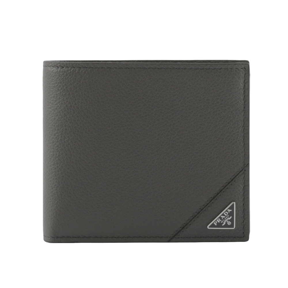 PRADA 銀色三角牌Logo 粒紋皮革對開零錢袋短夾/灰色, , large