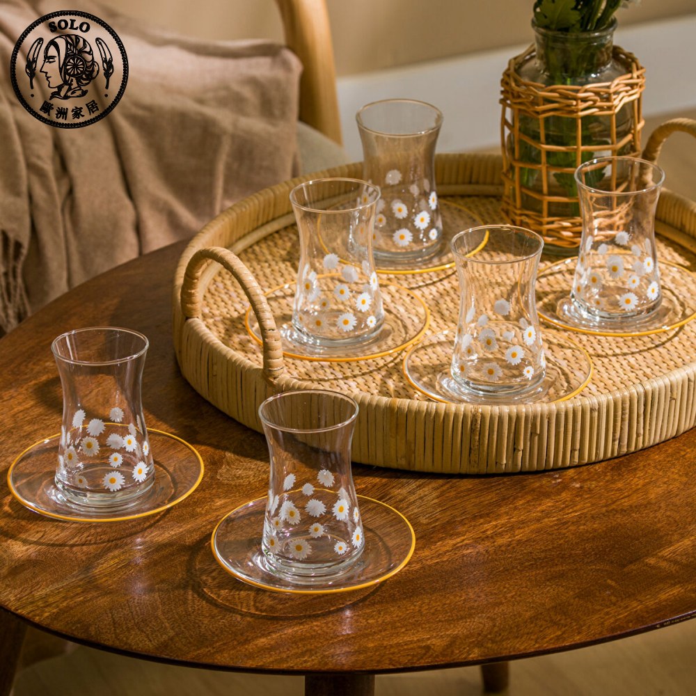 【SOLO Vintage】LCW Home 130ml Daisy Garden Glass Tea Cups Set Made in Turkey, , large