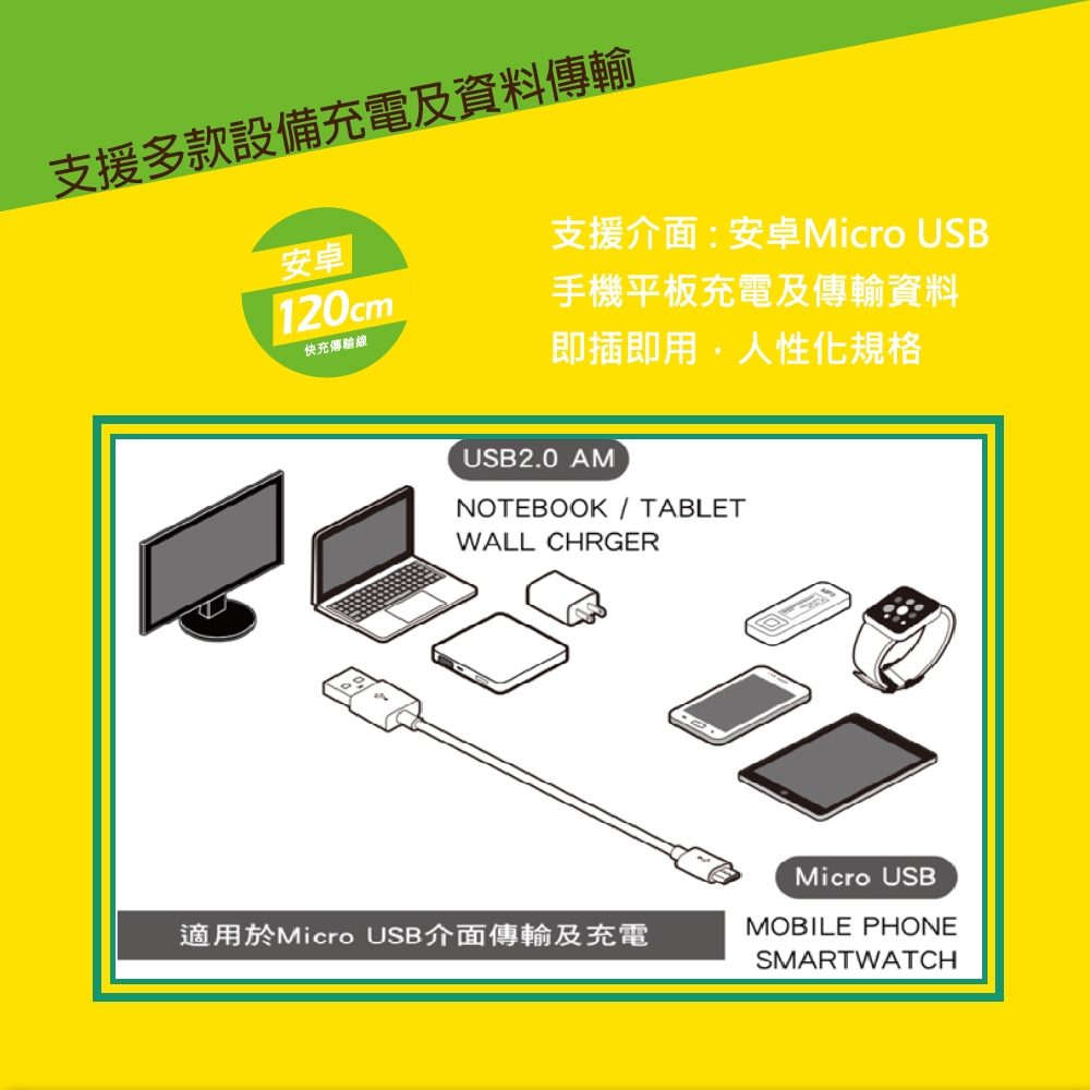 KTnet G111 安卓充電傳輸線 1.2M 鍍鎳防蝕插頭 2A大電流快速充電 兼容多種設備 支援熱插拔資料傳輸, , large