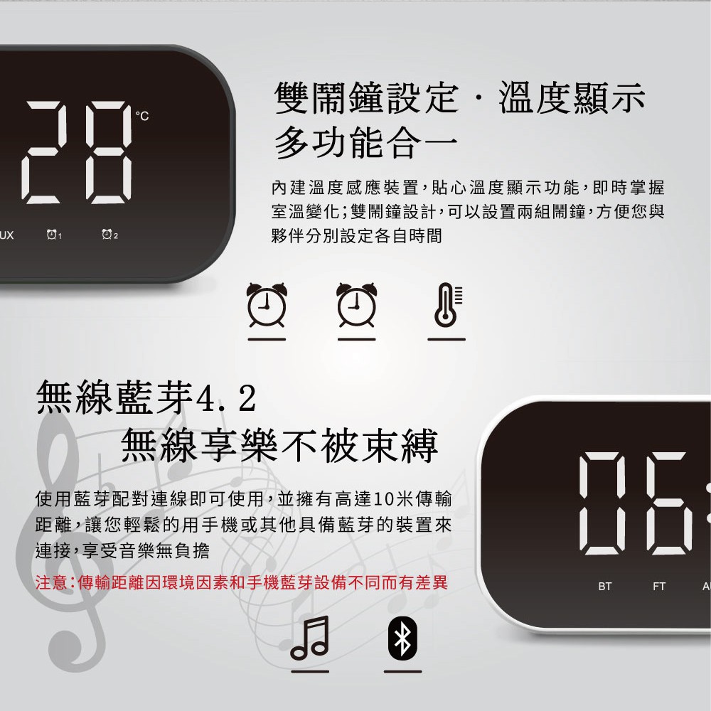 四合一創意智慧型藍牙喇叭 時尚黑 藍芽音箱 鏡面時鐘 收音機 溫度計, , large