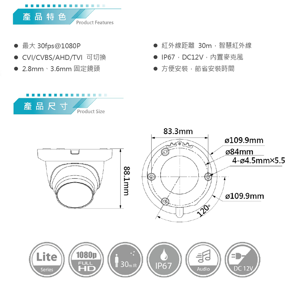 昌運監視器 DJS-DHA200TL-A 200萬聲音紅外線半球型攝影機 內建麥克風 監視器 智慧紅外線 方便安裝, , large