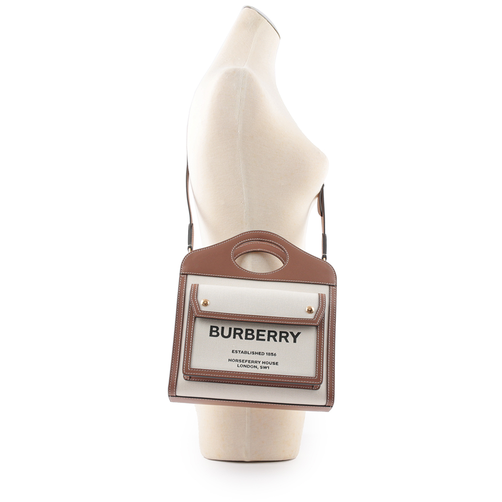 BURBERRY 帆布拼皮革手提/斜背口袋包(Mini)/自然色/麥芽棕, , large