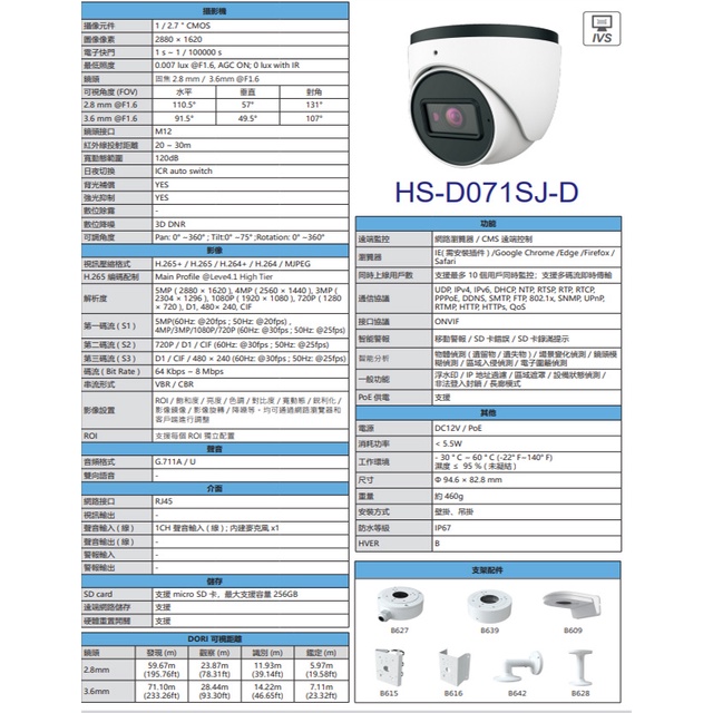 昌運監視器昇銳 HS-D071SJ-D 500萬 紅外線半球網路攝影機 PoE 內建麥克風 夜視20-30M, , large
