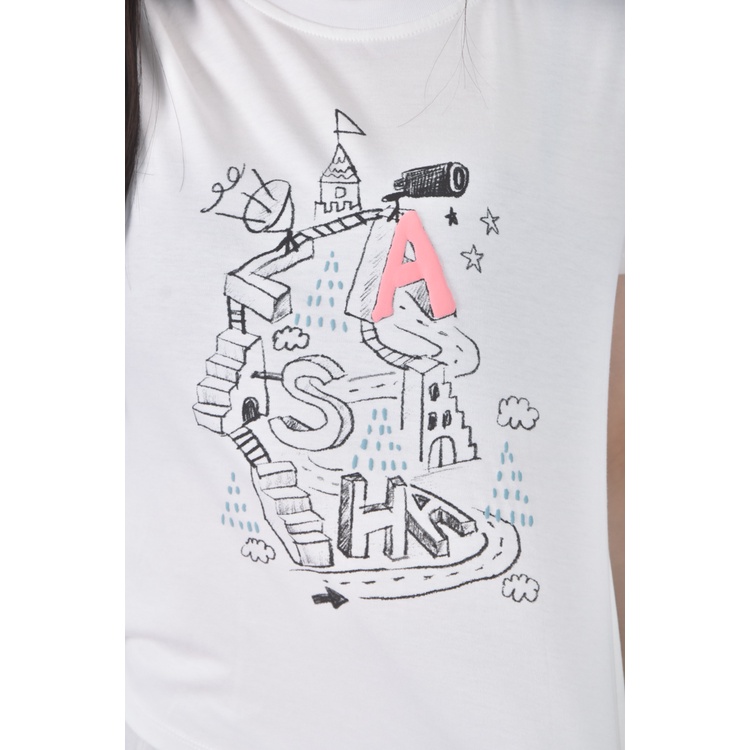 (S) a la sha質感印花白色短袖上衣二手衣, , large