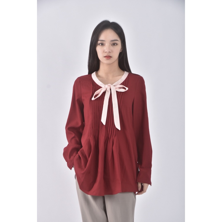 (S) 南島風質感跳色領口紅色長袖上衣二手衣, , large