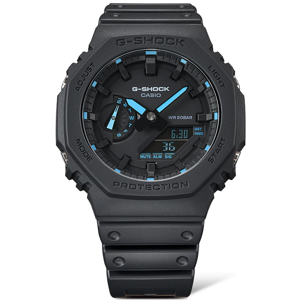 CASIO 卡西歐 G-SHOCK 霓虹藍 耐衝擊八角雙顯電子錶 GA-2100-1A2, , large
