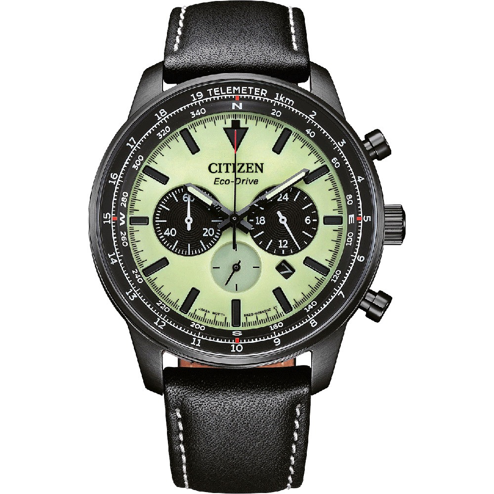 CITIZEN 星辰 綠幽靈夜光光動能三眼計時手錶-黑x藍 CA4505-21X, , large