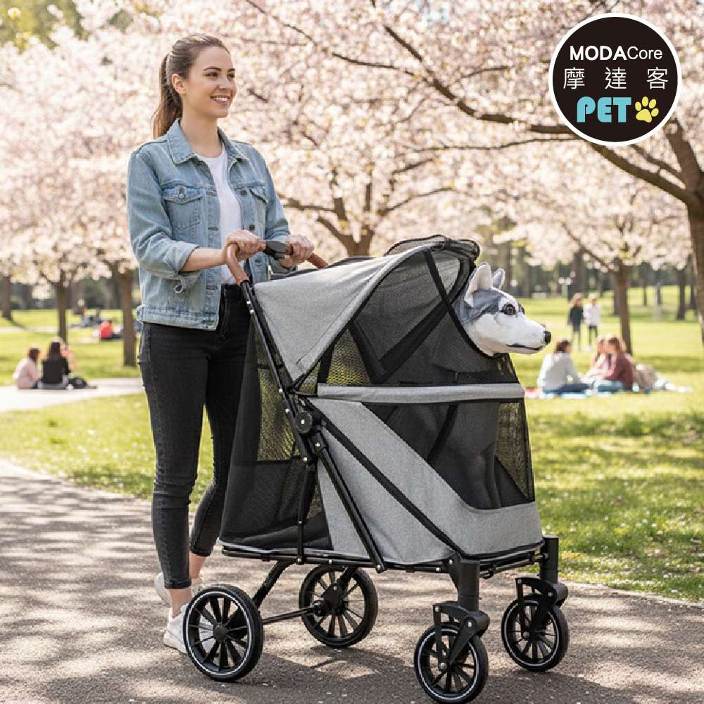 摩達客-高齡照護型貓狗適用GV03前後雙門大空間可折疊低底盤寵物推車/黑色款/55KG以下猫狗適用, , large