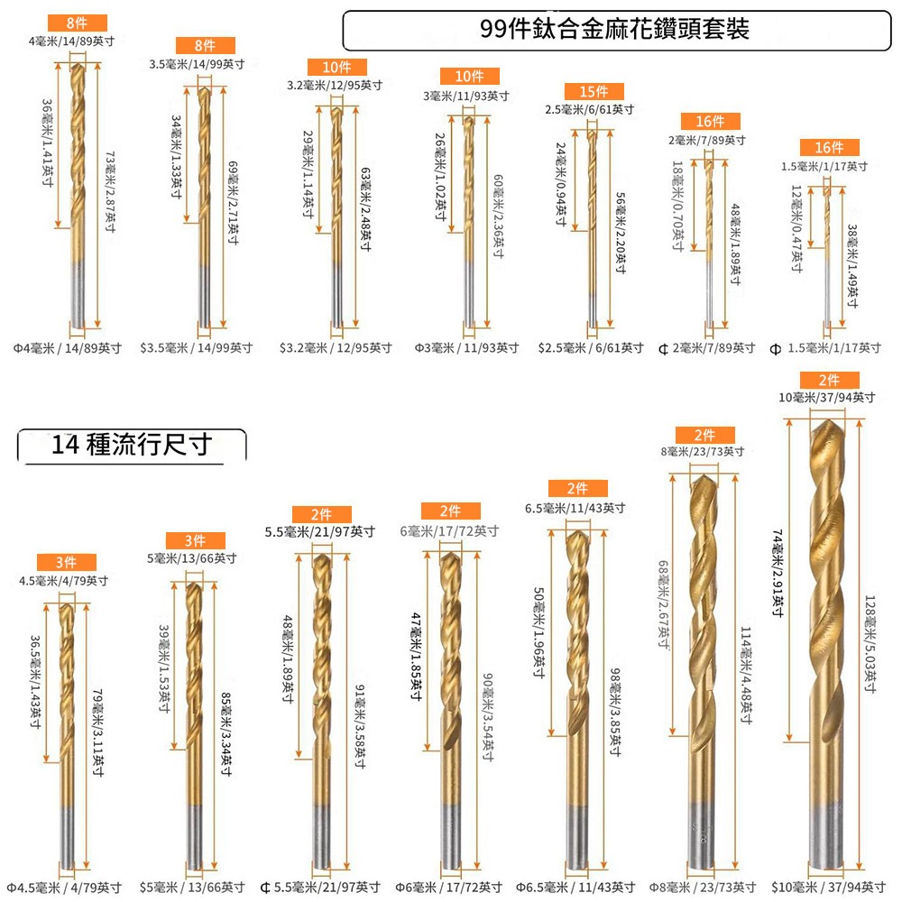 麻花鑽尾99件組塑盒裝(鍍鈦高速鋼), , large