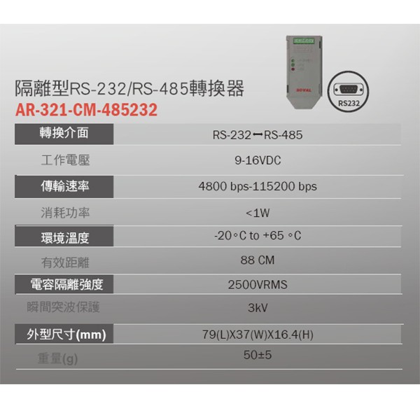 昌運監視器 AR-701CM已停產 新款AR-321-CM-485232取代 隔離型RS-232-RS-485轉換器, , large