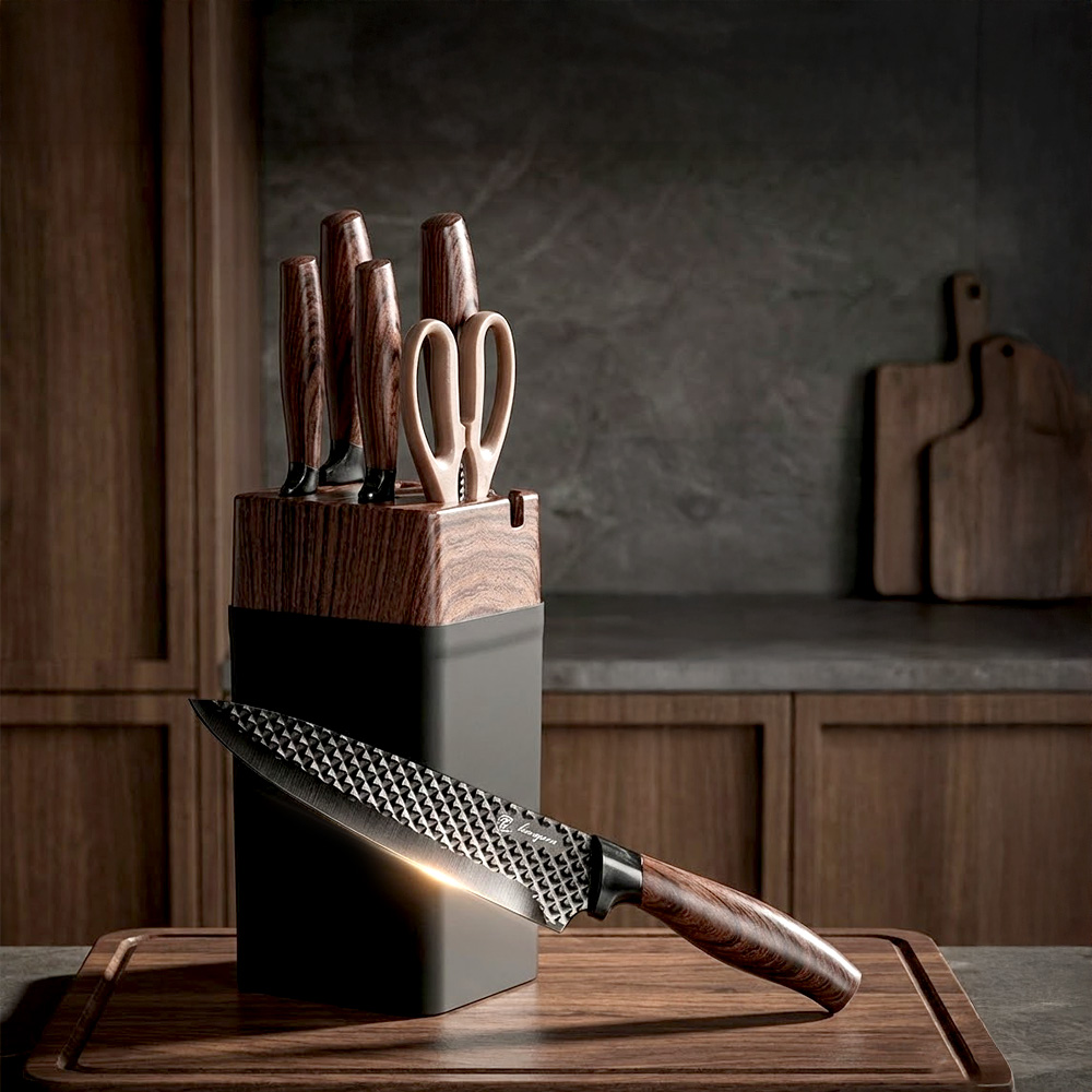 【上手家居】菱紋刀具組 7件組-木紋(菜刀/主廚刀/料理刀/水果刀/料理剪刀), , large