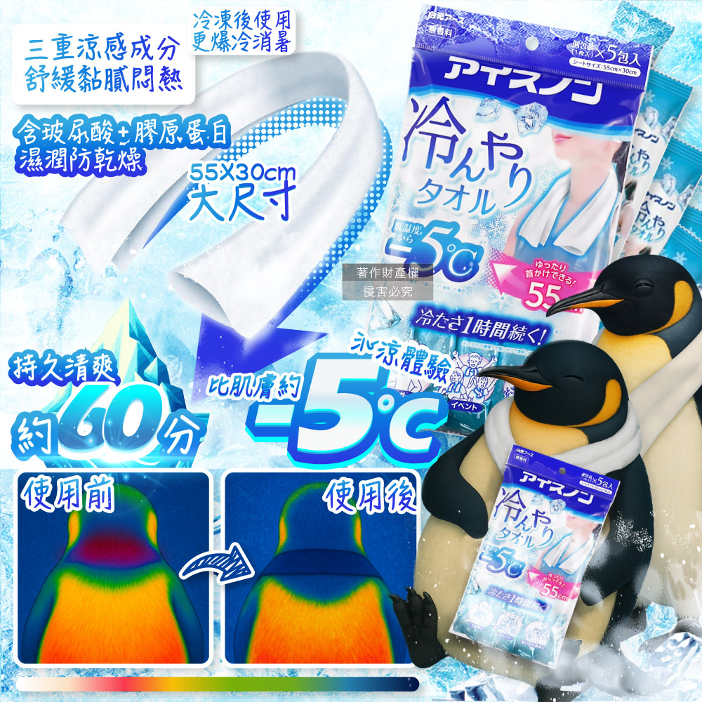 [日日好物]日本Hakugen白元-約-5°C戶外清爽消暑一次性掛脖用涼感濕巾5入/藍袋(大尺寸55X30cm冰涼巾/脖圍冷領巾便攜隨身包/拋棄式旅遊通勤運動巾), , large