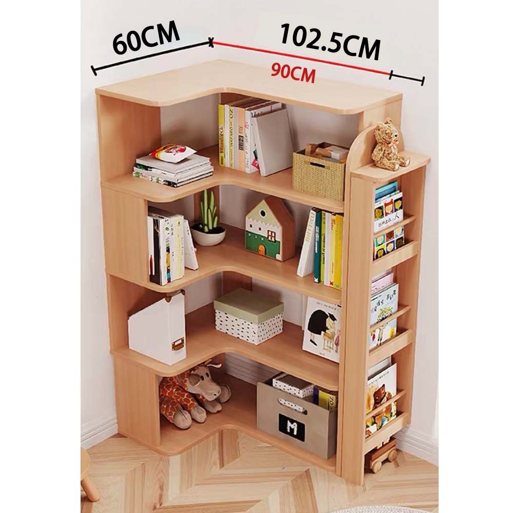 [Lele] L-shaped corner minimalist and practical bookcase, 4-tier solid wood shelf, 60x102.5 cm (solid wood bookshelf, shelf, organizer)., , large