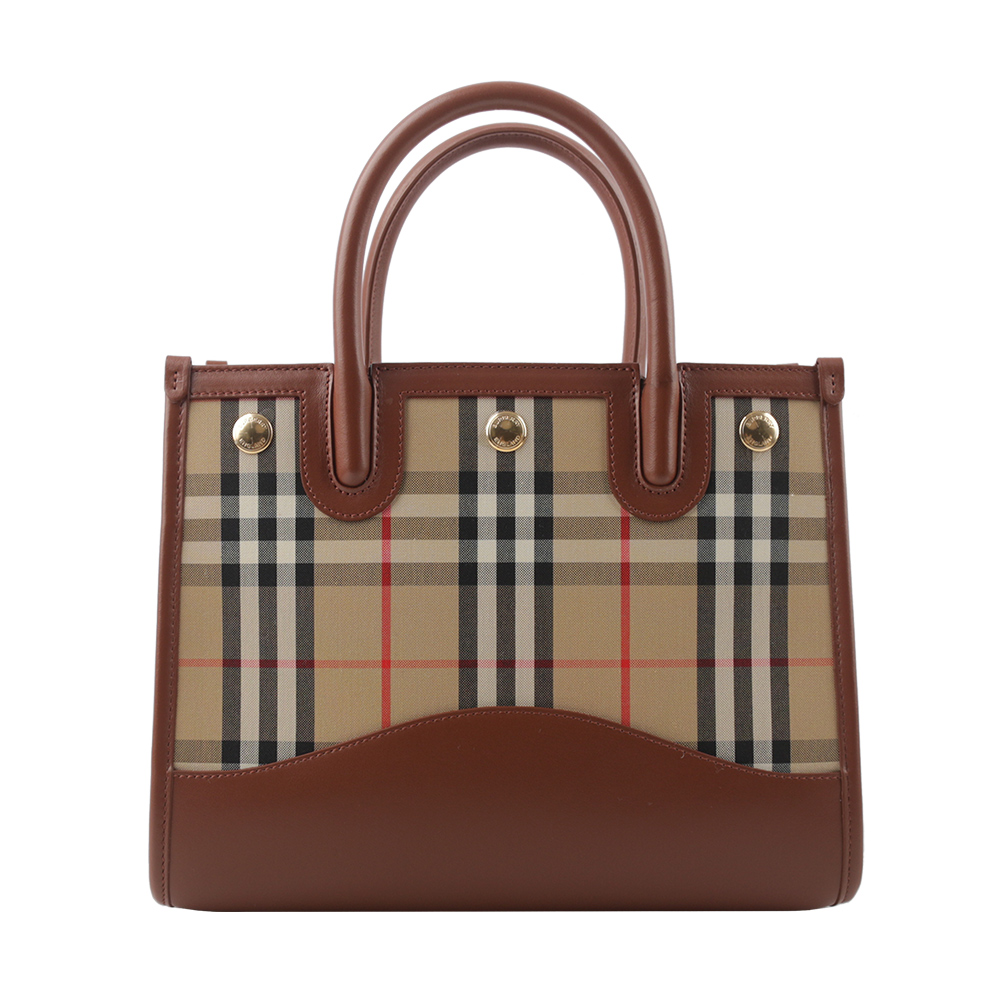 BURBERRY Title 格紋帆布及小牛皮小款手提/斜背二用包/棕褐色, , large