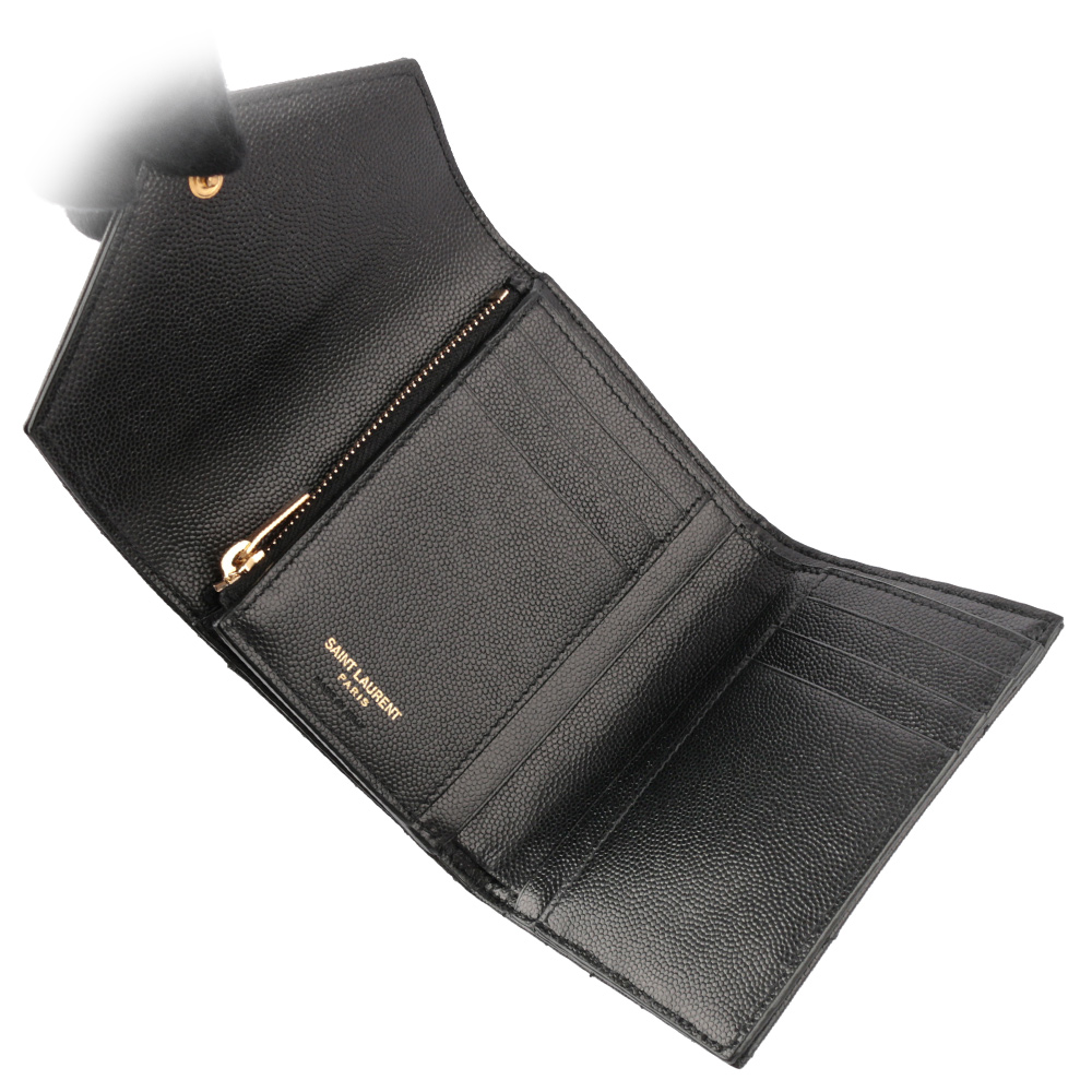 YSL 山形紋荔枝皮金字logo三折短夾(黑色), , large