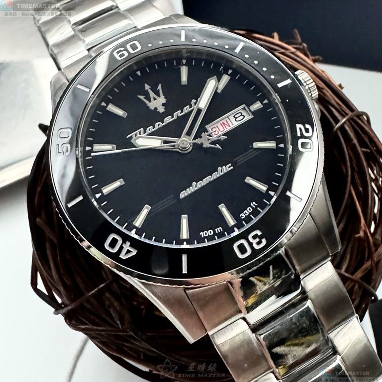 [星晴錶業]MASERATI手錶,44mm,R8823100002黑色錶面黑錶殼銀色精鋼錶帶款, , large