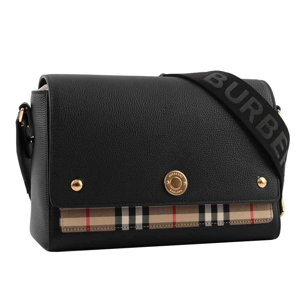 BURBERRY Vintage格紋拼皮革翻蓋斜背包/黑色, , large