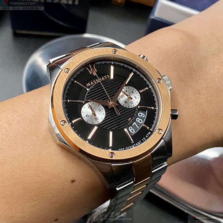 [星晴錶業]MASERATI手錶,46mm,R8873627004黑色錶面玫瑰金錶殼金銀相間精鋼錶帶款, , large