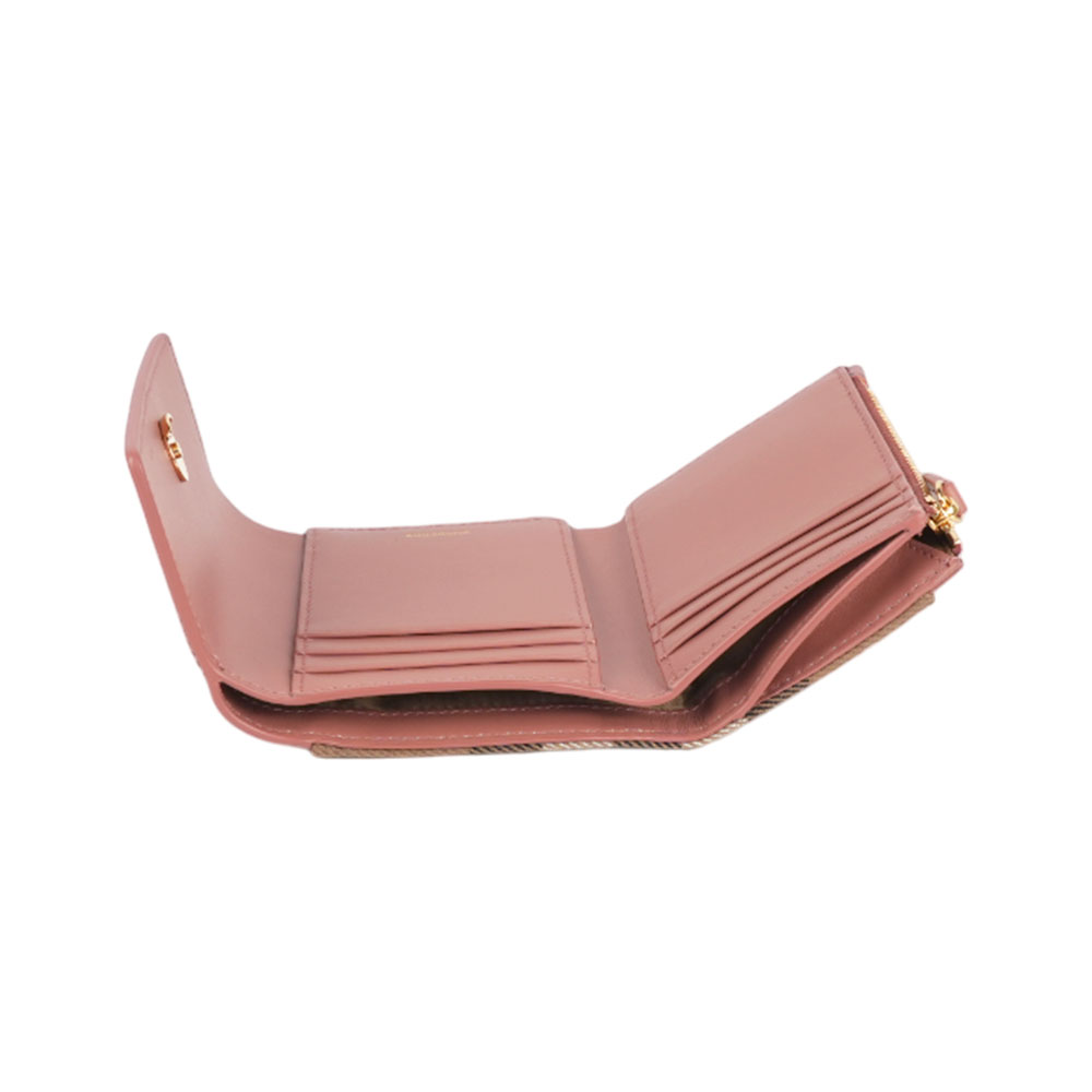 BURBERRY Lancaster 牛皮及帆布格紋三折短夾(玫瑰棕/棕色), , large