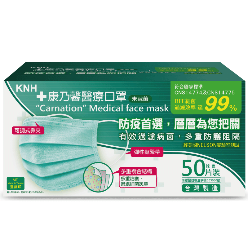 康乃馨醫療口罩50片-粉綠(未滅菌)盒, , large