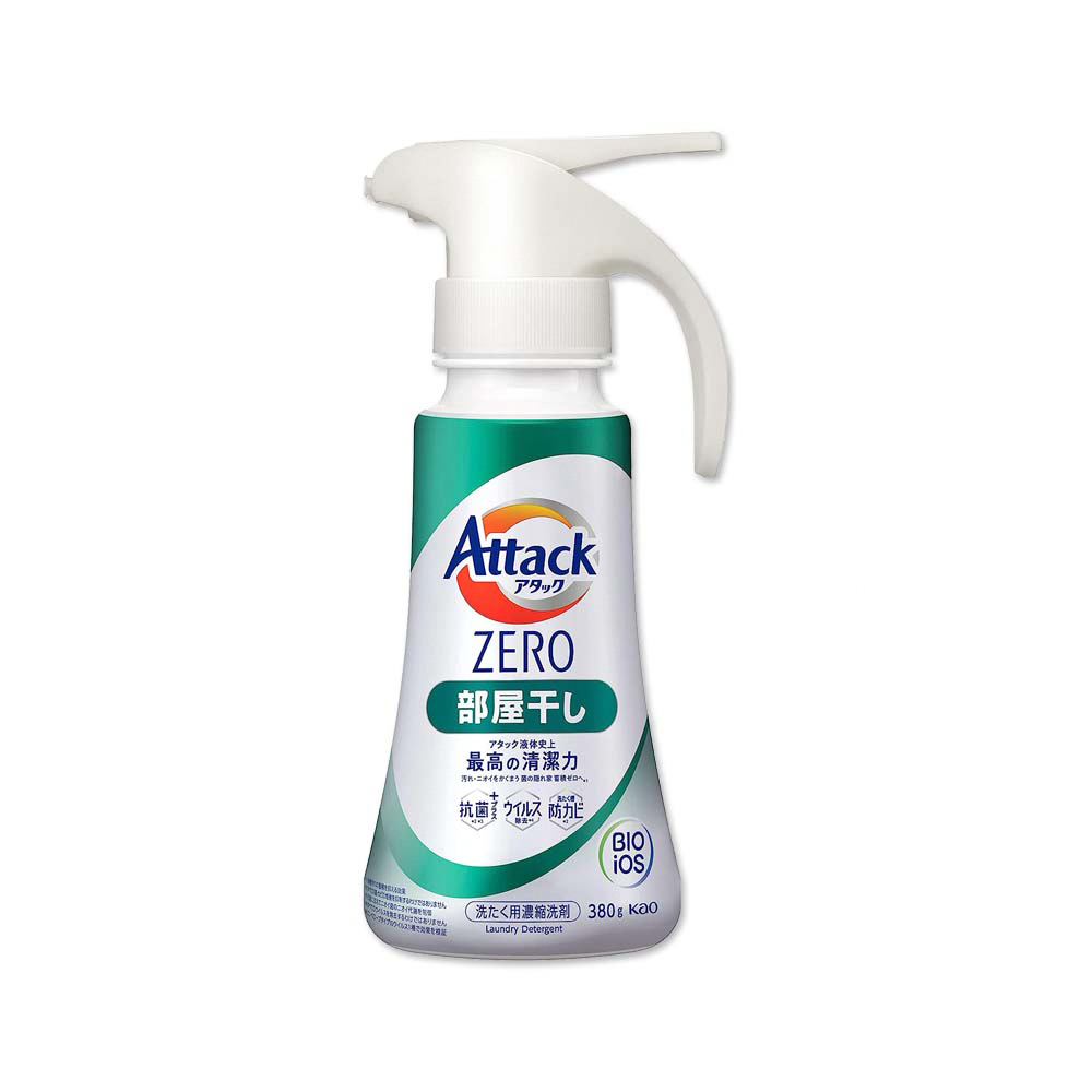 [日日好物]日本KAO花王Attack ZERO-單手按壓極淨超濃縮洗衣精380g/瓶-消臭型(綠白瓶)(噴槍型衣物洗劑,最高清潔力Bio IOS洗淨,直立式/滾筒式/室內晾曬消臭), , large