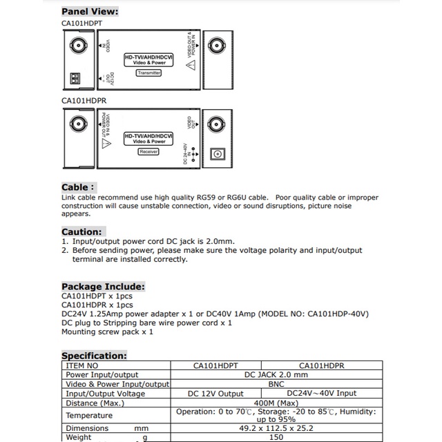 昌運監視器 CA101HDP-DC40 HD-TVI/AHD/HDCVI/CVBS 40V影像電源同軸延長器, , large