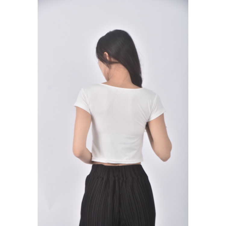 (S) 質感造型領口白色短袖上衣二手衣, , large