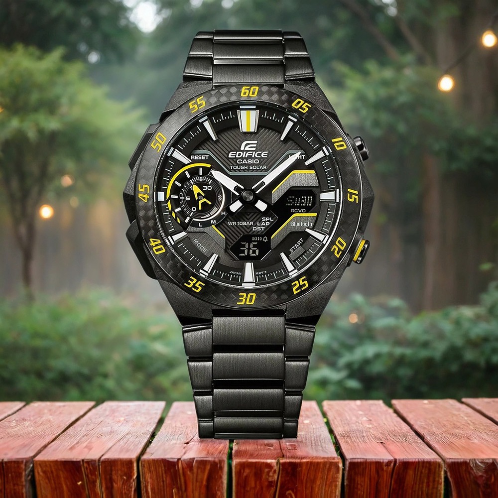 CASIO 卡西歐 EDIFICE 賽車方格旗 太陽能藍芽手錶-黑x黃色 ECB-2200RC-1A9, , large