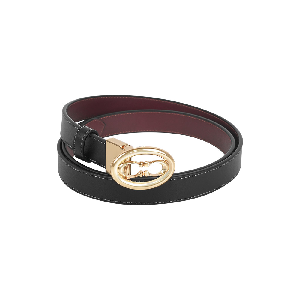 COACH 金釦橢圓CC Logo 牛皮寬2.5cm雙面可用皮帶(黑色/酒紅色), , large