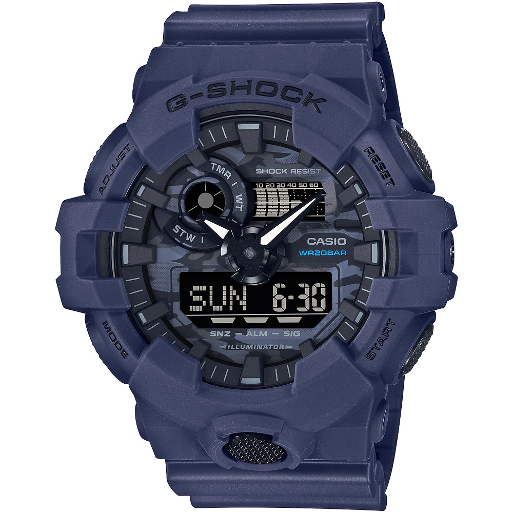 CASIO 卡西歐 G-SHOCK 城市迷彩 計時雙顯錶-藍 GA-700CA-2A, , large