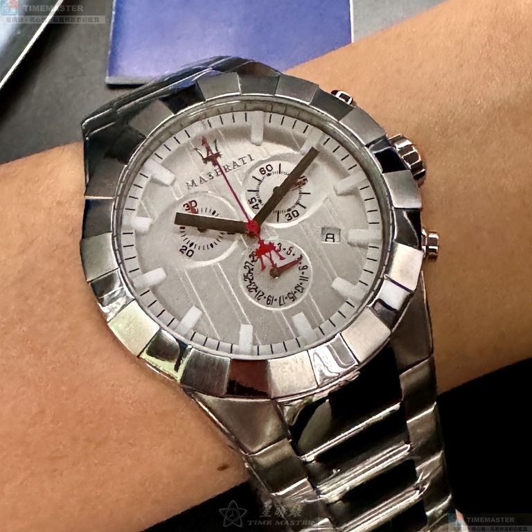 [星晴錶業]MASERATI手錶,44mm,R8873603001白色錶面銀錶殼銀色精鋼錶帶款, , large