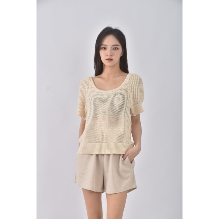 (S) supermelala質感修身短版棉質圓領杏色短袖上衣二手衣