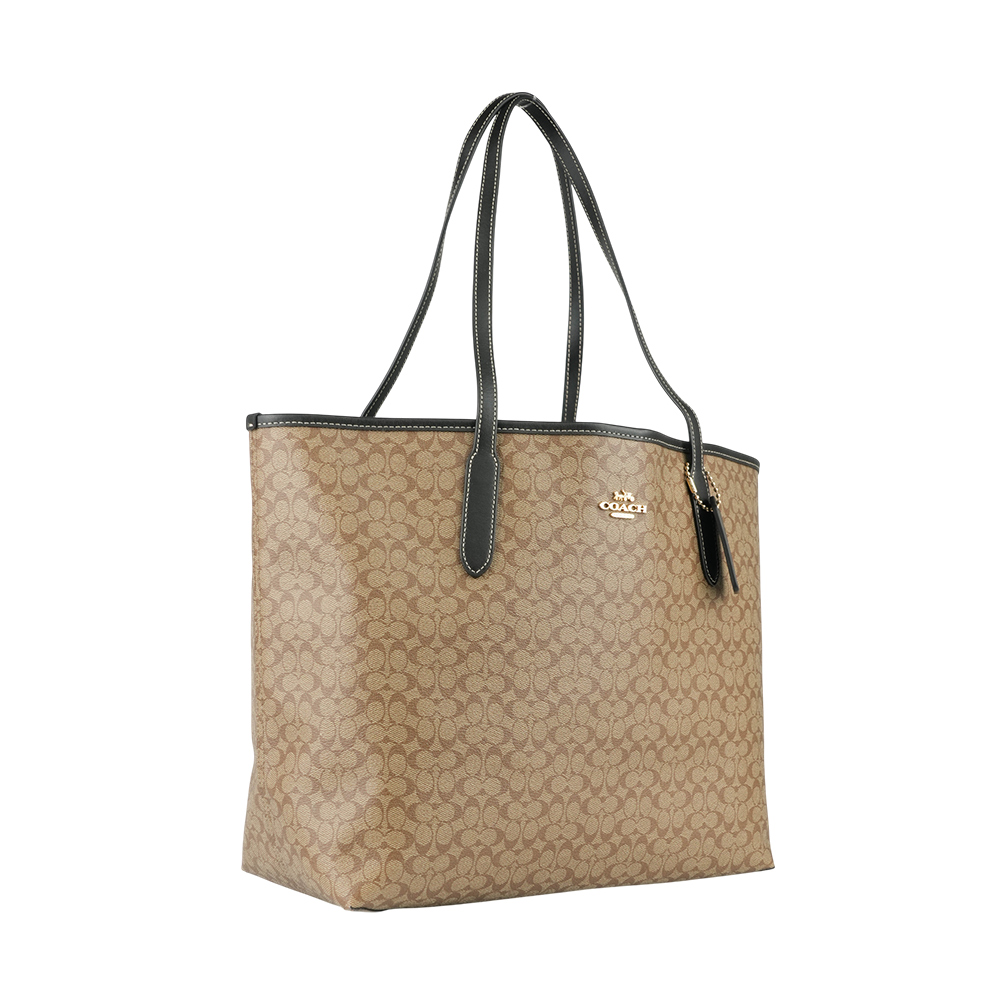 COACH City 滿版標誌塗層帆布托特包/卡其/黑色, , large