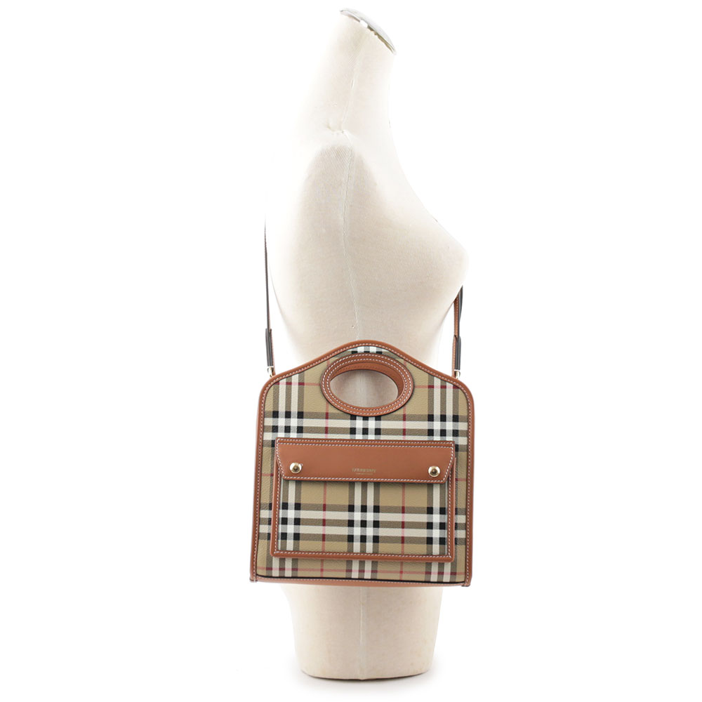 BURBERRY 格紋拼皮革手提/斜背口袋包(Mini)/石楠木棕色, , large