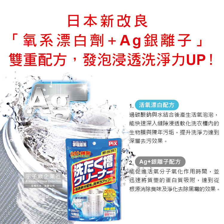 [日日好物]日本獅子化工-PIX新改良Ag銀離子3效合1活氧去汙消臭除霉洗衣槽清潔粉280g/袋(滾筒,直立洗衣機皆適用), , large